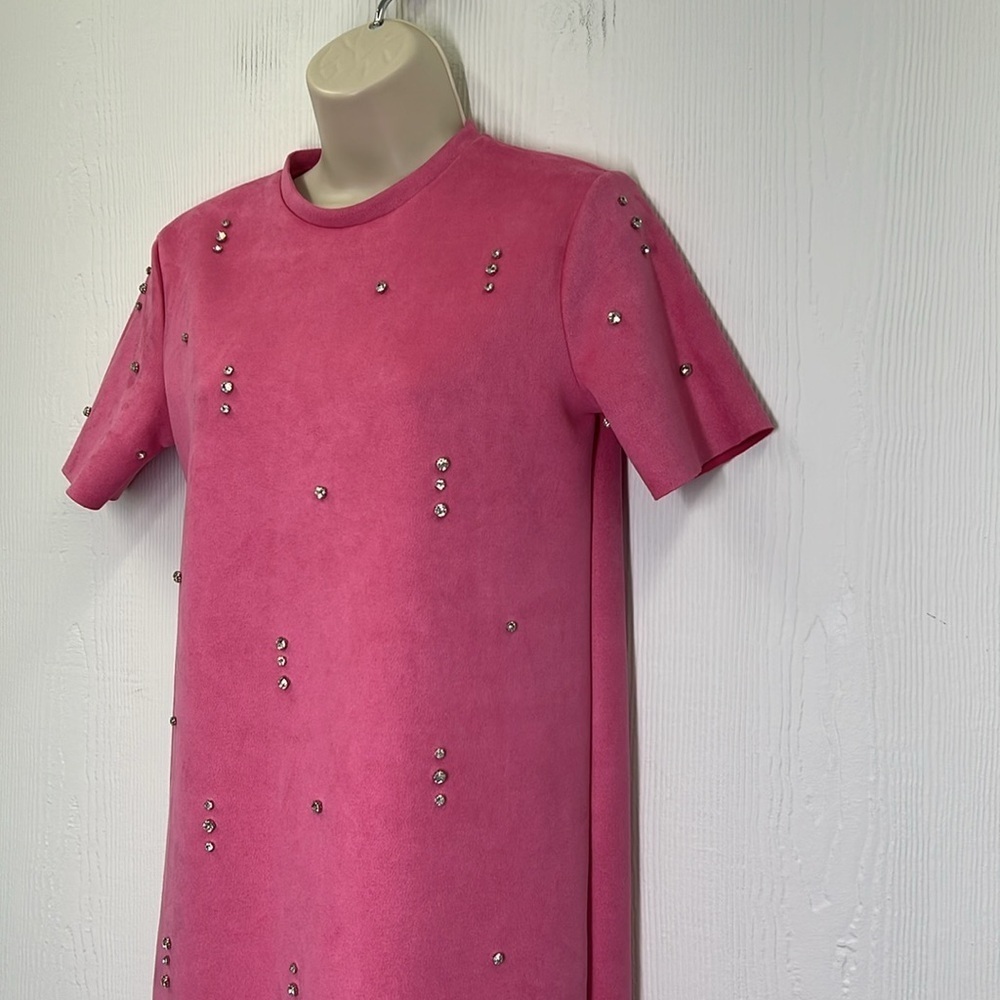 Zara - Pink Faux Suede Jewel Rhinestone Light Short Sleeve Mini Dress Size XS - Picture 7 of 13